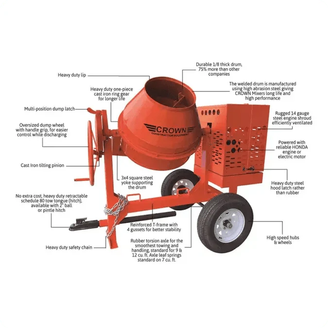 12 Cu Ft Concrete Mixer | Crown | Steel Drum | Honda Gas | Towable
